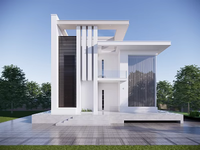 Modern Detached Villa With White Exterior Large Glass Windows Stone Steps And Lush Trees 3d model