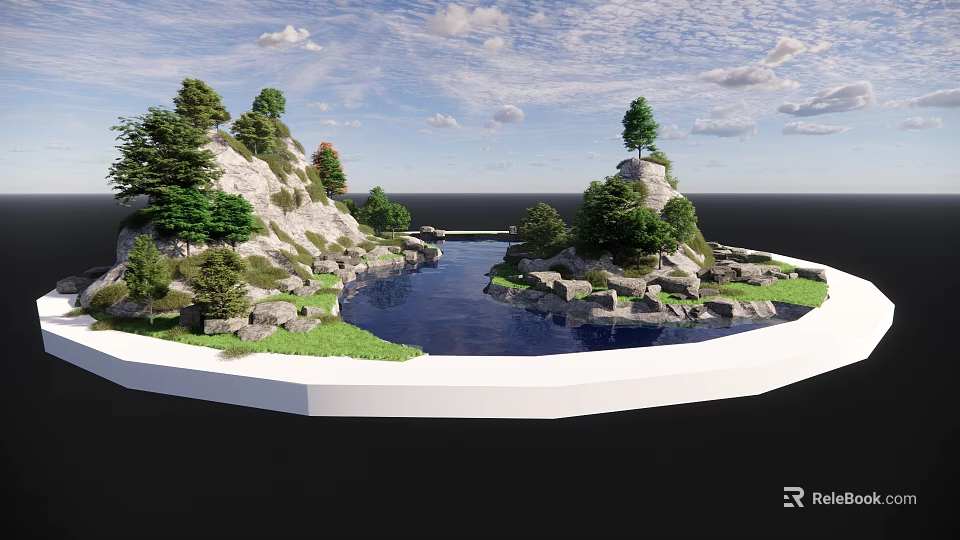 Scenic Natural Landscape With Rolling Hills Crystal Lake Lush Trees Blue Sky And Fluffy Clouds 3d model 