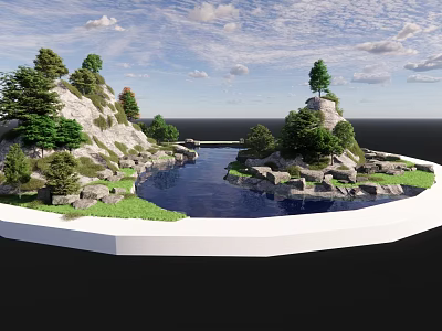 Scenic Natural Landscape With Rolling Hills Crystal Lake Lush Trees Blue Sky And Fluffy Clouds 3d model