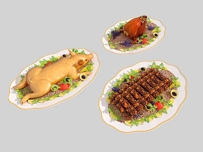 Assorted Roasted Meats on Decorative Plates with Fresh Vegetable Garnish and Olives 3d model