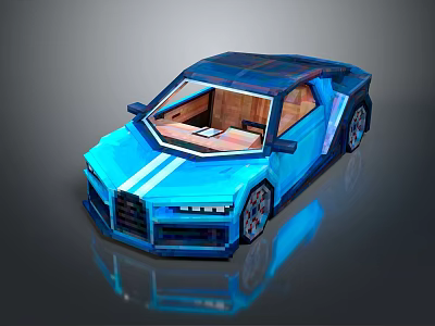 Blue Low Poly Sports Car With Wooden Interior Modern Design Sleek Stripes And Stylish Wheels 3d model