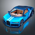 Blue Low Poly Sports Car With Wooden Interior Modern Design Sleek Stripes And Stylish Wheels