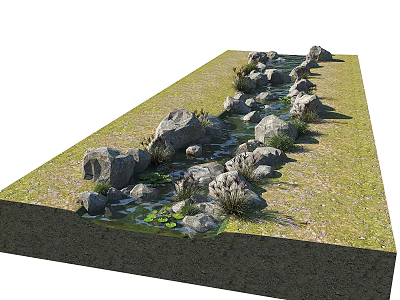 Natural Stone And Wood Landscape With Stream Grass And Green Plants 3d model