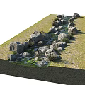 Natural Stone And Wood Landscape With Stream Grass And Green Plants