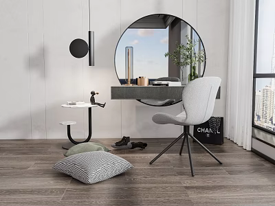 Modern Dressing Table With Round Mirror Comfortable Chair And Decorative Pillows 3d model