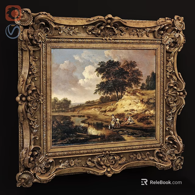 Ornate Gold Picture Frame With Classic Landscape Painting Featuring Trees River Figures And Sky 3d model 