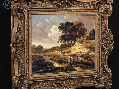 Ornate Gold Picture Frame With Classic Landscape Painting Featuring Trees River Figures And Sky 3d model