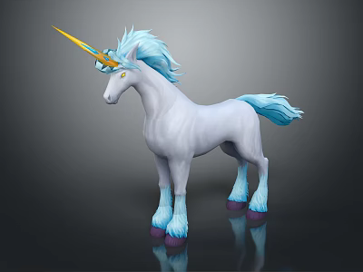 White Unicorn With Blue Mane Tail Golden Horn And Purple Hooves On Reflective Background 3d model
