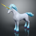 White Unicorn With Blue Mane Tail Golden Horn And Purple Hooves On Reflective Background