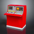 Red Control Console Equipment With Dual Screens Buttons Indicators And White Base