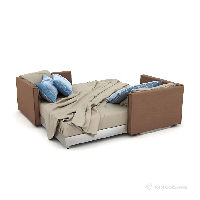 Modern Sofa Bed With Brown Armrests Beige Mattress Blue Cushions And Beige Blanket 3d model 