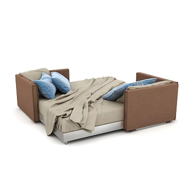 Modern Sofa Bed With Brown Armrests Beige Mattress Blue Cushions And Beige Blanket 3d model