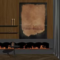 Rustic Interior Featuring Large Brown Tapestry Wooden Wall And Fireplace Flames