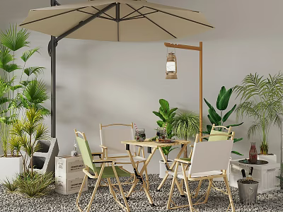 Outdoor Table and Chair Set with Umbrella and Green Plants in Natural Setting 3d model