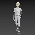 Blonde Man in White Baseball Uniform with Black Long Sleeves Standing Against Gray Background