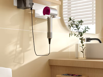 Stylish Bathroom Accessories With Wall Mounted Hair Dryer Holder Sink And Green Plant 3d model