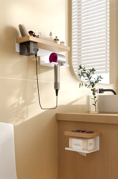 Stylish Bathroom Accessories With Wall Mounted Hair Dryer Holder Sink And Green Plant 3d model