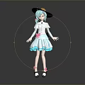 Anime Game Character With Teal Hair Witch Hat White Top Blue Skirt And Pink Bow