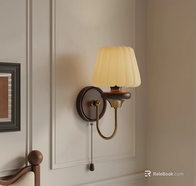 Classic Wall Lamp With White Pleated Lampshade And Metal Base On Light Colored Wall 3d model 
