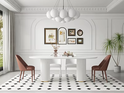 Modern Elegant Dining Room With White Globe Chandelier Framed Artworks Marble Table And Diamond Rug 3d model