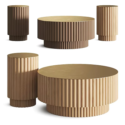 Modern Round Wooden Coffee Table With Ribbed Design And Multiple Sizes 3d model
