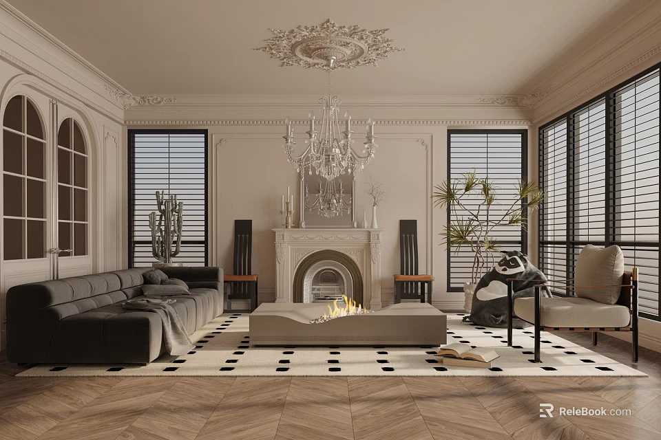 Elegant Living Room Interior With Chandelier Fireplace Sofa Rug Blinds And Wooden Floor 3d model 
