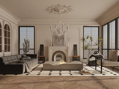 Elegant Living Room Interior With Chandelier Fireplace Sofa Rug Blinds And Wooden Floor 3d model
