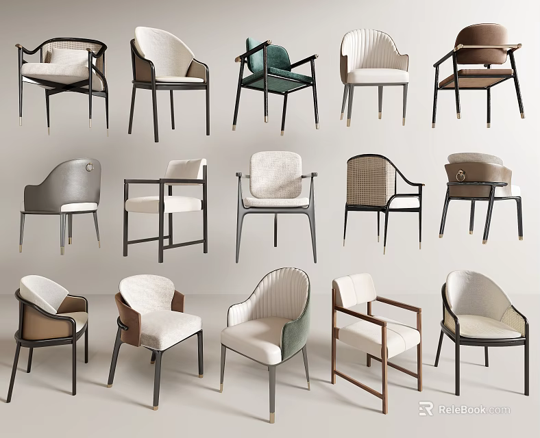 Stylish Modern Accent Chairs With Various Upholstery Designs And Wooden Legs 3d model 
