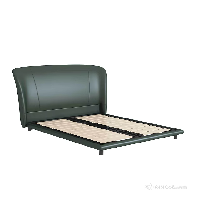 Modern Double Bed With Dark Green Leather Headboard And Black Frame Wooden Slat Support 3d model 