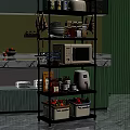 Modern Open Kitchen Storage Rack With Microwave Air Fryer Jars Fruits And Vegetables