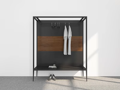 Modern Black Frame Coat Rack With Wooden Panel White Garments Bottom Bench And Shoes 3d model