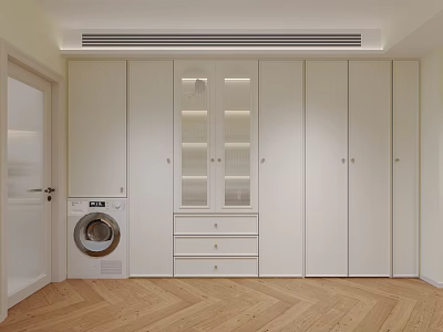 White Modern Closet With Glass Panel Doors Drawers And Washing Machine On Herringbone Wooden Floor 3d model