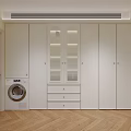 White Modern Closet With Glass Panel Doors Drawers And Washing Machine On Herringbone Wooden Floor