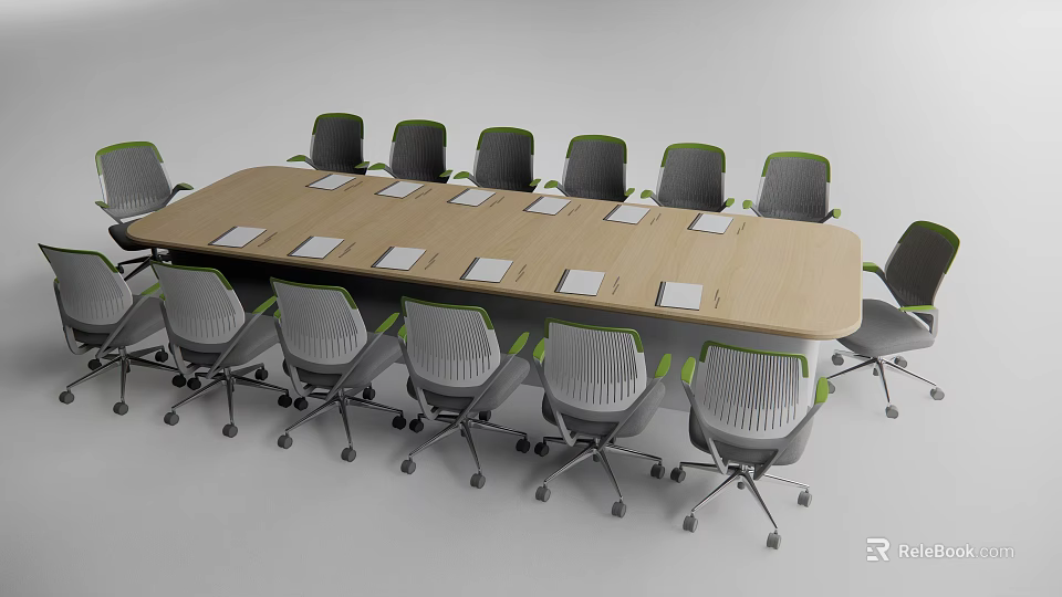 Rectangular Wooden Conference Table With Gray Green Wheeled Chairs And Papers 3d model