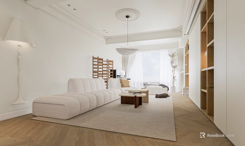 Modern Living Room Interior Design With White Sofa Wooden Floor And Floor To Ceiling Window 3d model 