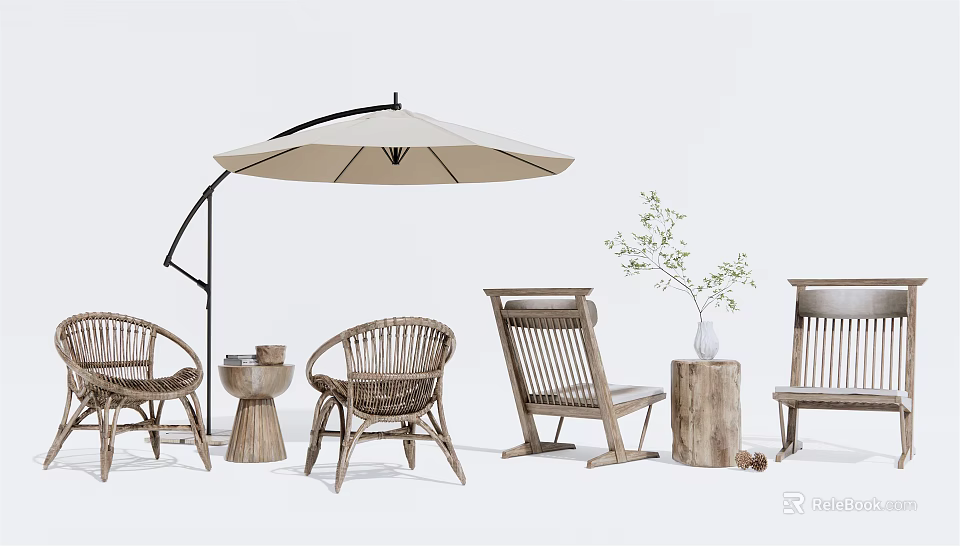 Outdoor Rattan Wooden Table and Chair Set With Umbrella and Decorative Plant 3d model 