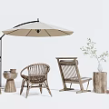 Outdoor Rattan Wooden Table and Chair Set With Umbrella and Decorative Plant