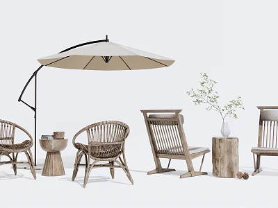 Outdoor Rattan Wooden Table and Chair Set With Umbrella and Decorative Plant 3d model