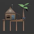 Wooden Cabin on Stilts with Brown Roof Blue Door Green Palm Tree and Boat