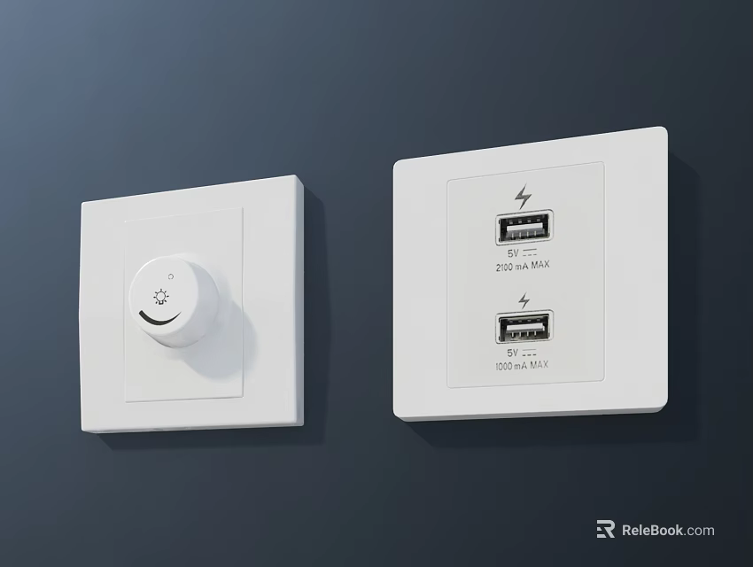 Modern White Switch Panels With Knob Control And Dual USB Ports 2.4A 1.0A 3d model 