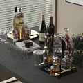 Stylish Bar Table Setup With Wine Bottles Glasses Cocktail Tools And Decorative Trays