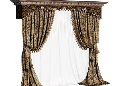 Elegant Patterned Curtains With Decorative Valance Sheer Inner Layer And Tassel Details 3d model