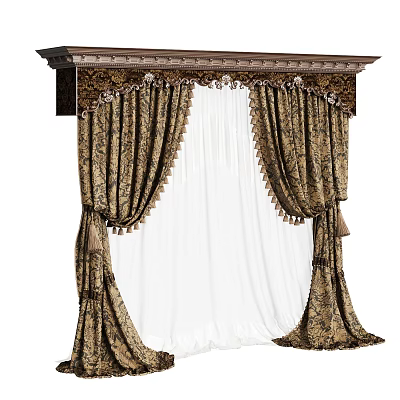 Elegant Patterned Curtains With Decorative Valance Sheer Inner Layer And Tassel Details 3d model