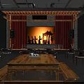 Ancient Architecture Themed Traditional Stage With Red Curtains Wooden Structure Plaques And Wooden Chairs