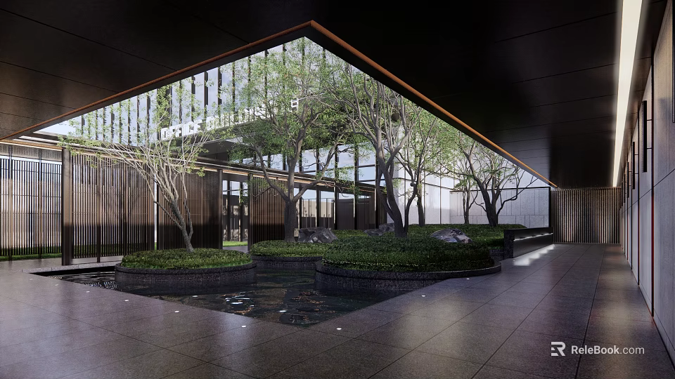 Modern Courtyard Garden With Glass Curtain Wall Trees Pond Greenery And Stones 3d model 