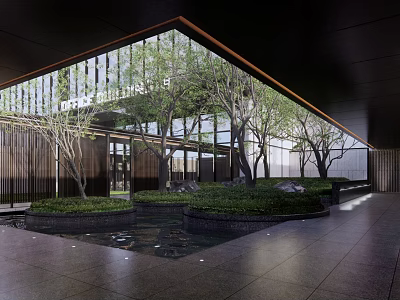 Modern Courtyard Garden With Glass Curtain Wall Trees Pond Greenery And Stones 3d model
