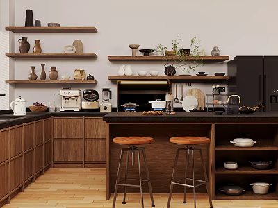 Modern Kitchen Interior With Open Shelves Wooden Cabinets Island Counter And Two Bar Stools 3d model