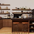 Modern Kitchen Interior With Open Shelves Wooden Cabinets Island Counter And Two Bar Stools