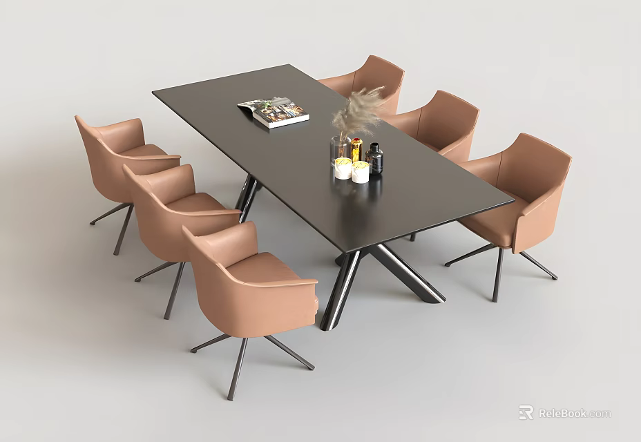 Modern Dining Table Set With Black Tabletop Six Light Brown Chairs And Decorative Items 3d model