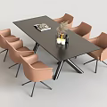 Modern Dining Table Set With Black Tabletop Six Light Brown Chairs And Decorative Items 3d model